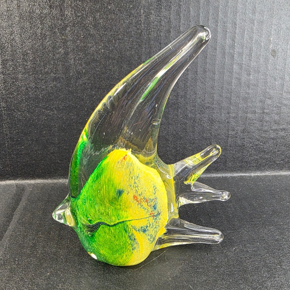 Art Glass Paperweight Fish Figurine Green Yellow Clear Tropical Fish Decor